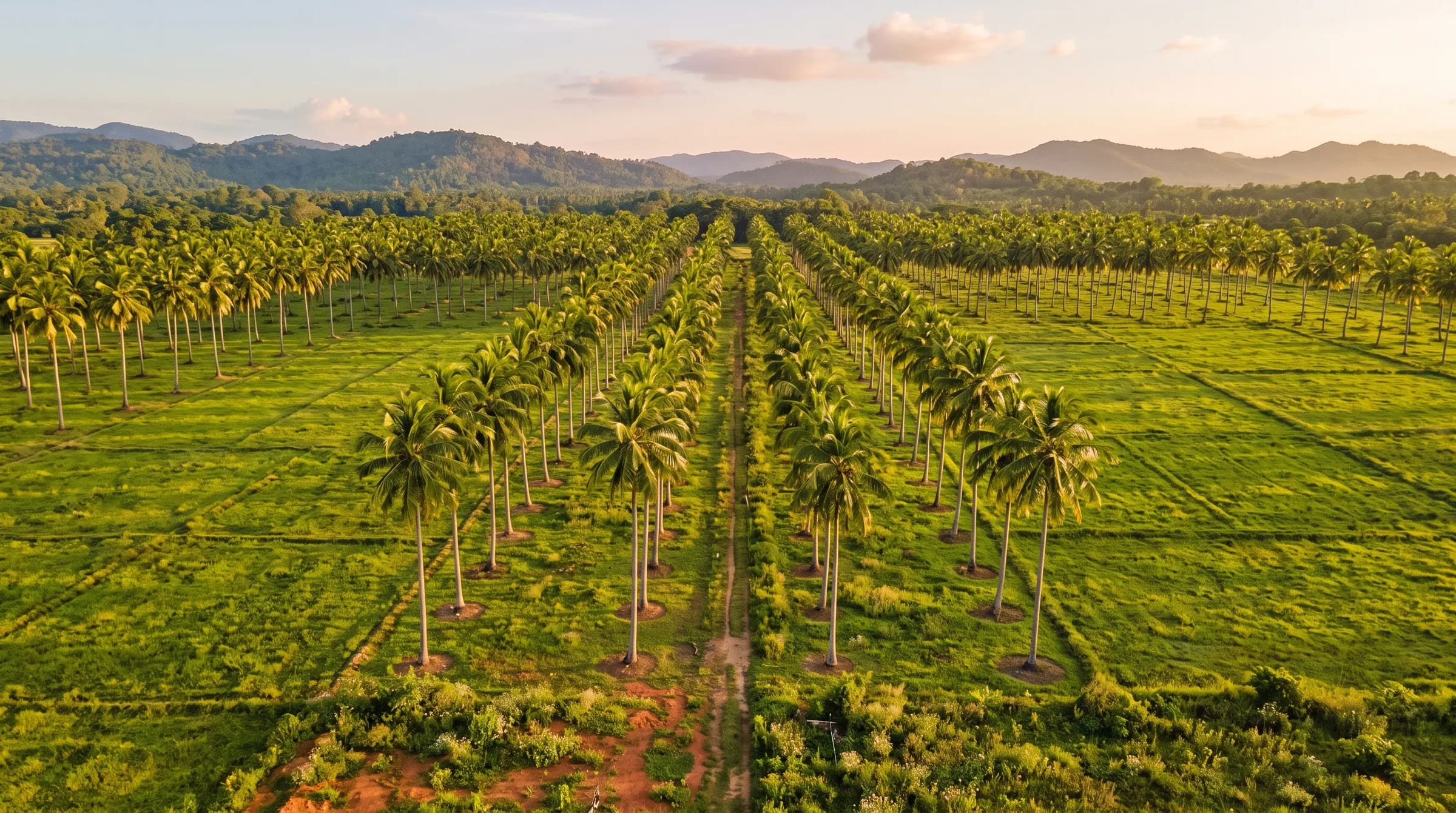Coconut palms in rows across a Vanni estate at golden hour
